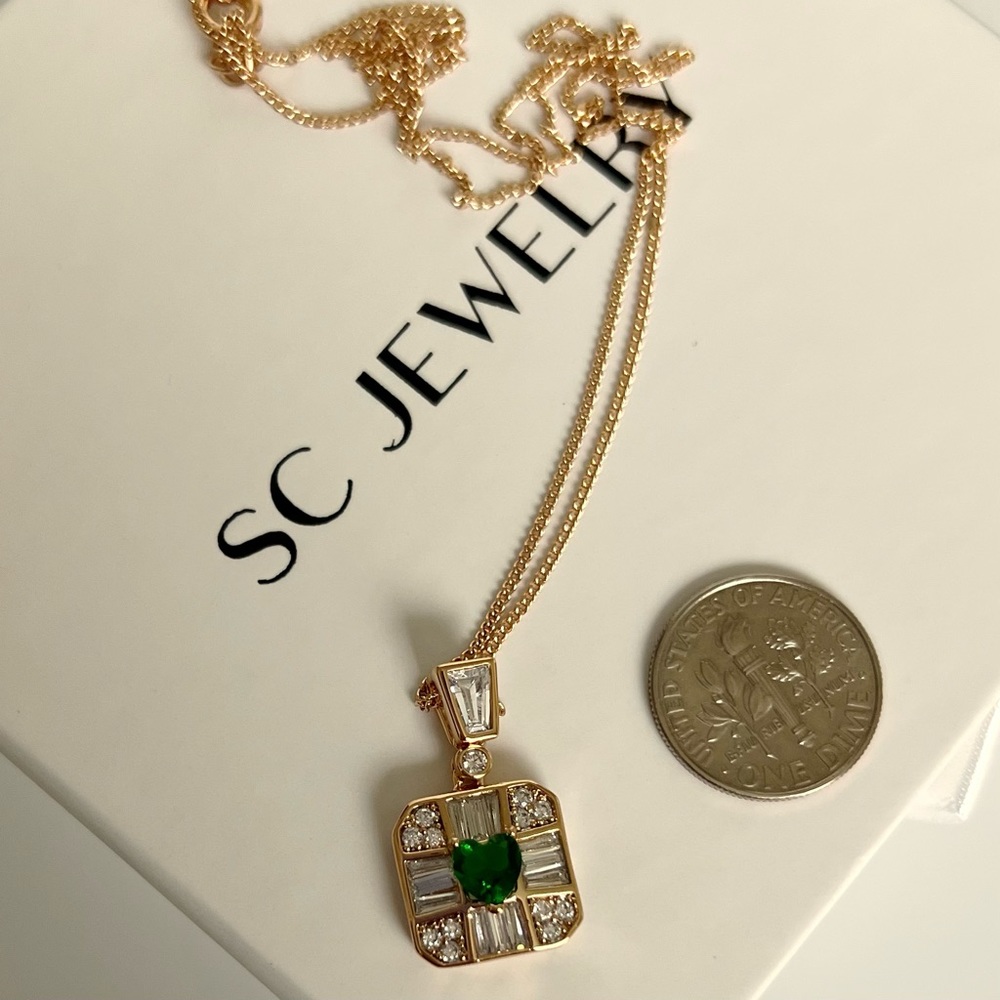 Emerald Heart Necklace Baguette Stone 18k Gold Plated Luxury Jewelry - Picture 4 of 10